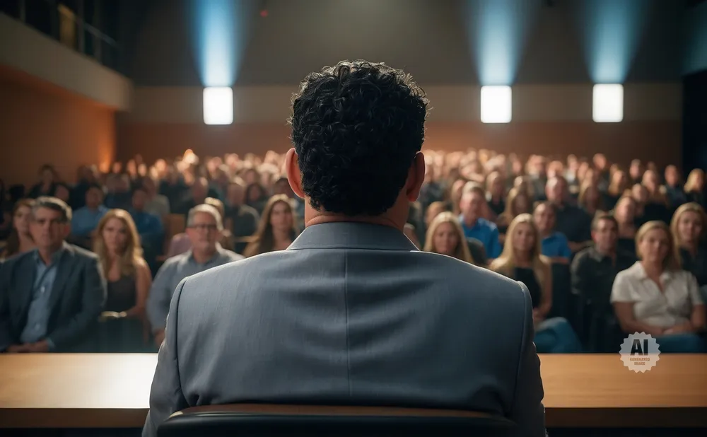 Man in suit addresses a seated audience in a lecture hall.