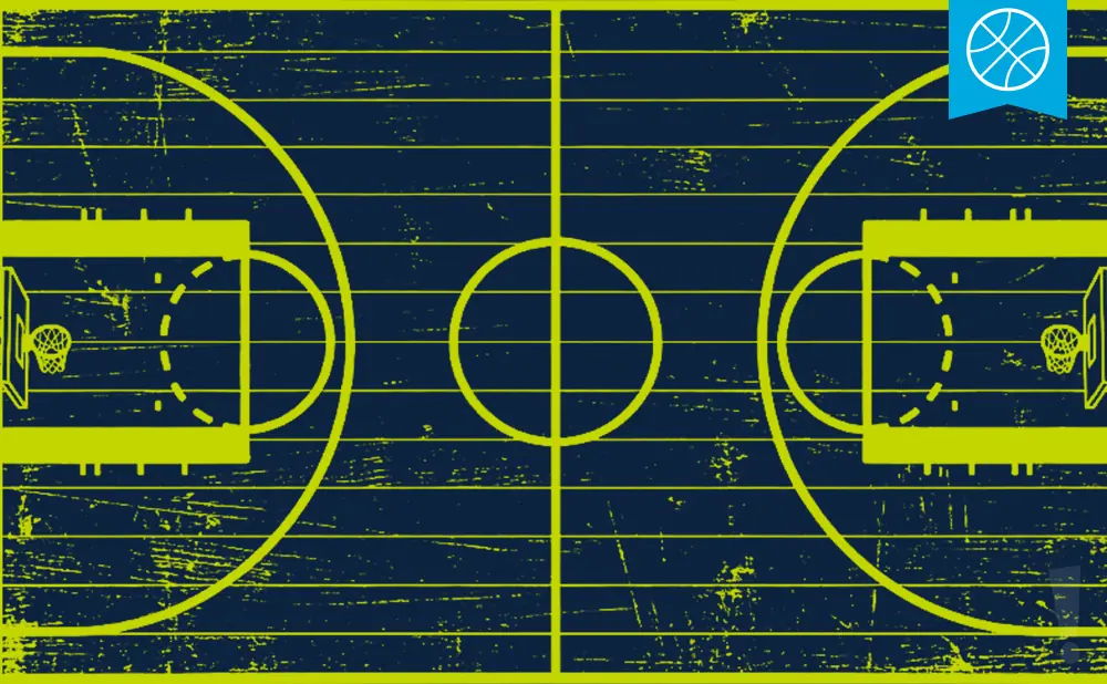 A graphic of a basketball court with a textured, distressed, navy background and neon green court lines.