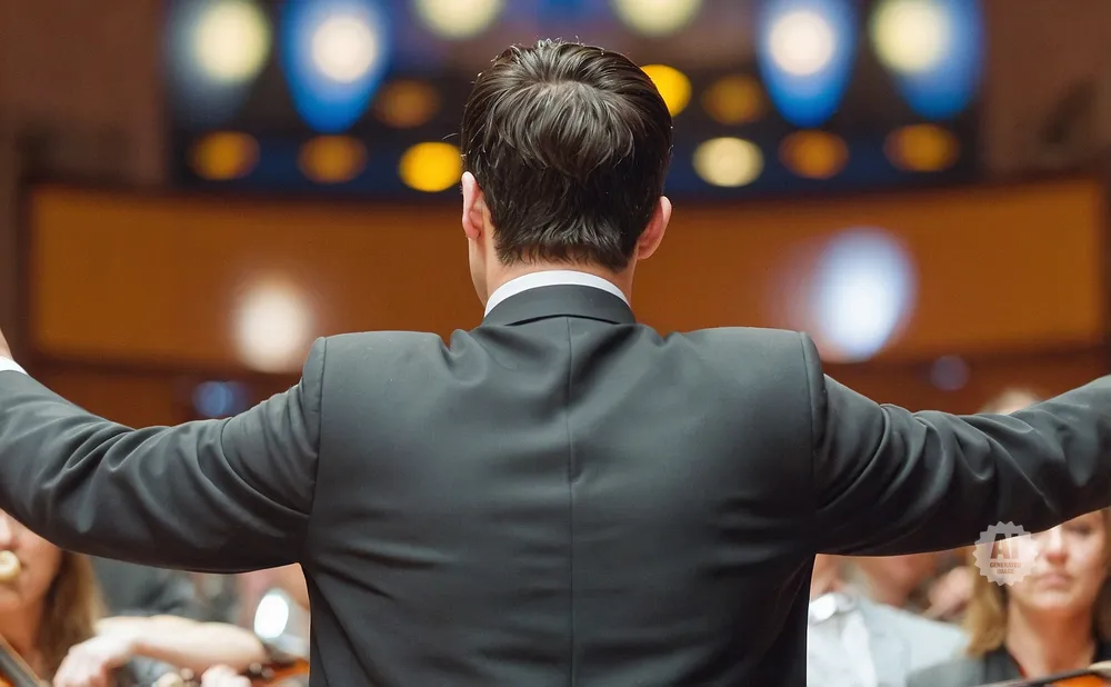 A conductor in a black suit faces away from the camera, arms outstretched, leading an orchestra.