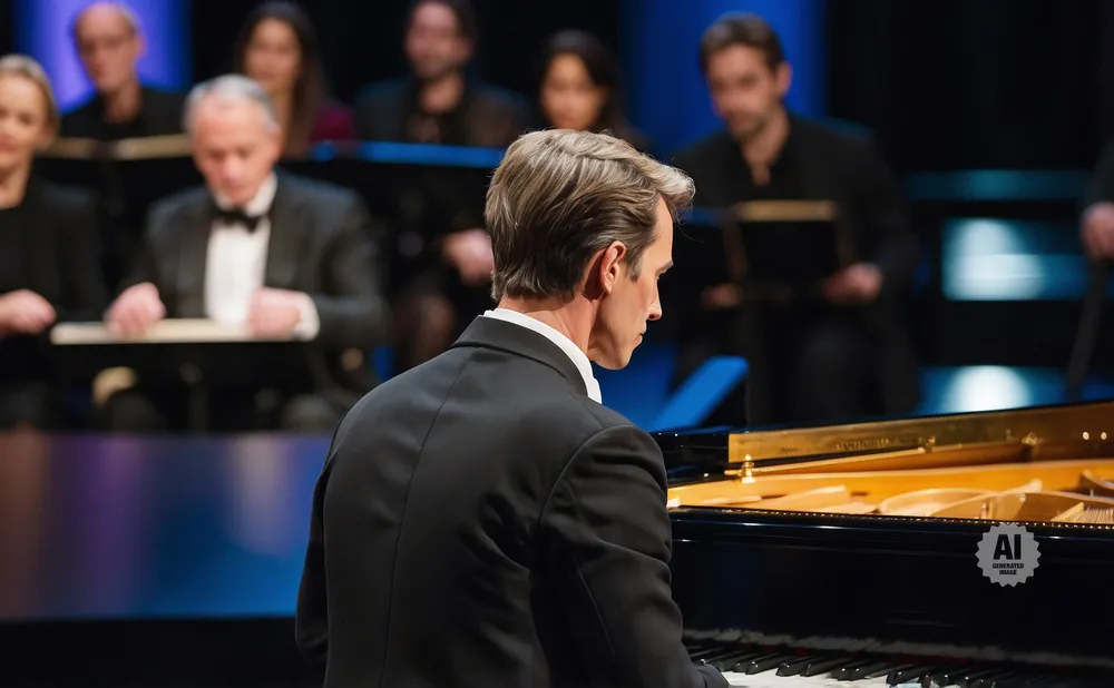 A pianist in a tuxedo plays a grand piano with an orchestra behind him.