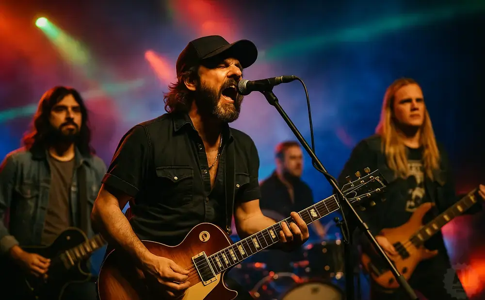 A band performs on stage with colorful lights, the lead singer in a black shirt and baseball cap sings into a microphone.
