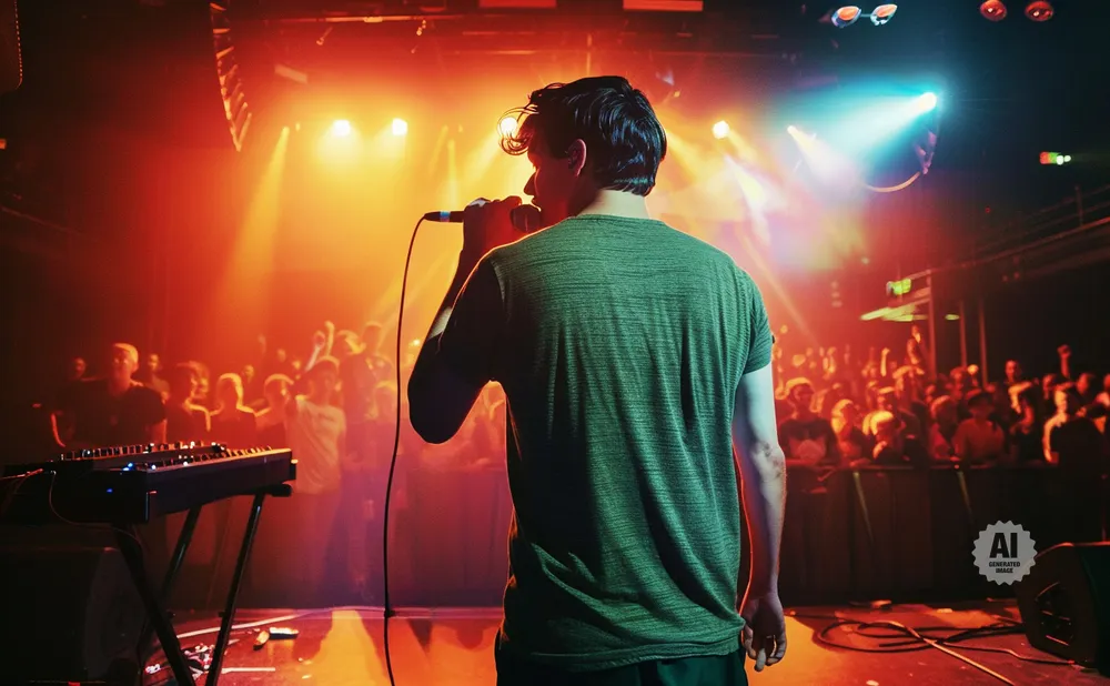 Singer on stage with audience in the background, illuminated by stage lights.
