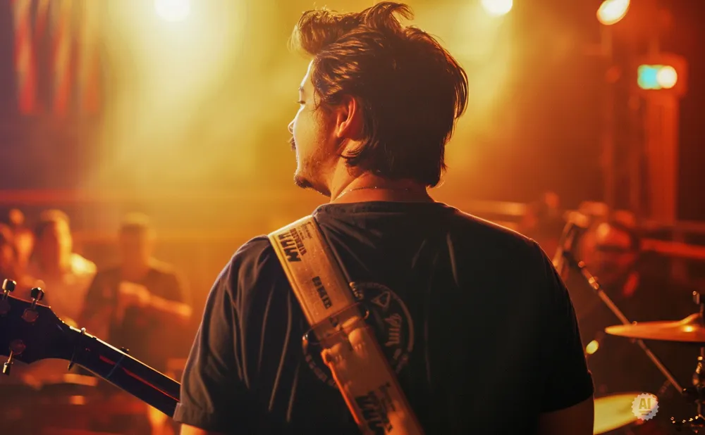 Man with dark hair and mustache playing guitar on stage, illuminated by warm stage lights.