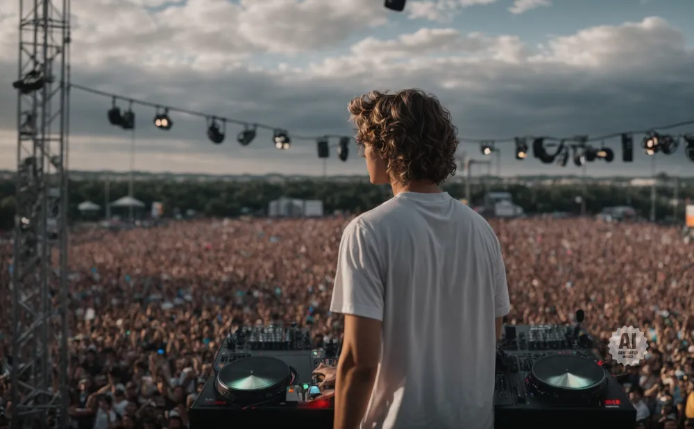 A DJ plays for a large crowd at an outdoor music festival.