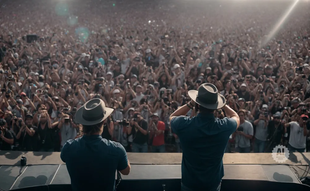 Two men in hats on a stage face a massive, cheering crowd at an outdoor concert.