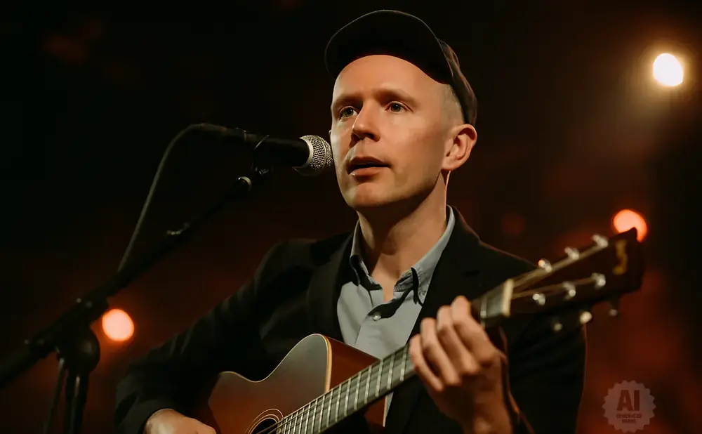 A man in a cap and jacket plays an acoustic guitar and sings into a microphone on a dimly lit stage.