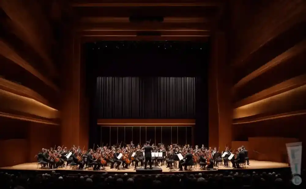 An orchestra performs on stage in a concert hall with warm wooden accents and dramatic lighting.