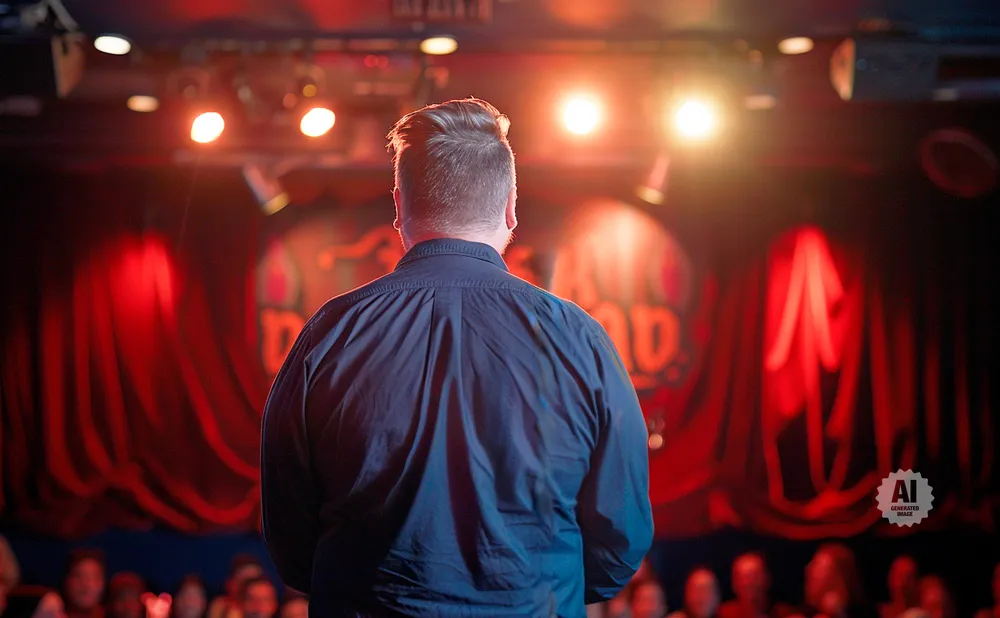Man in a dark shirt stands on stage facing a red curtain and audience, lit by stage lights.