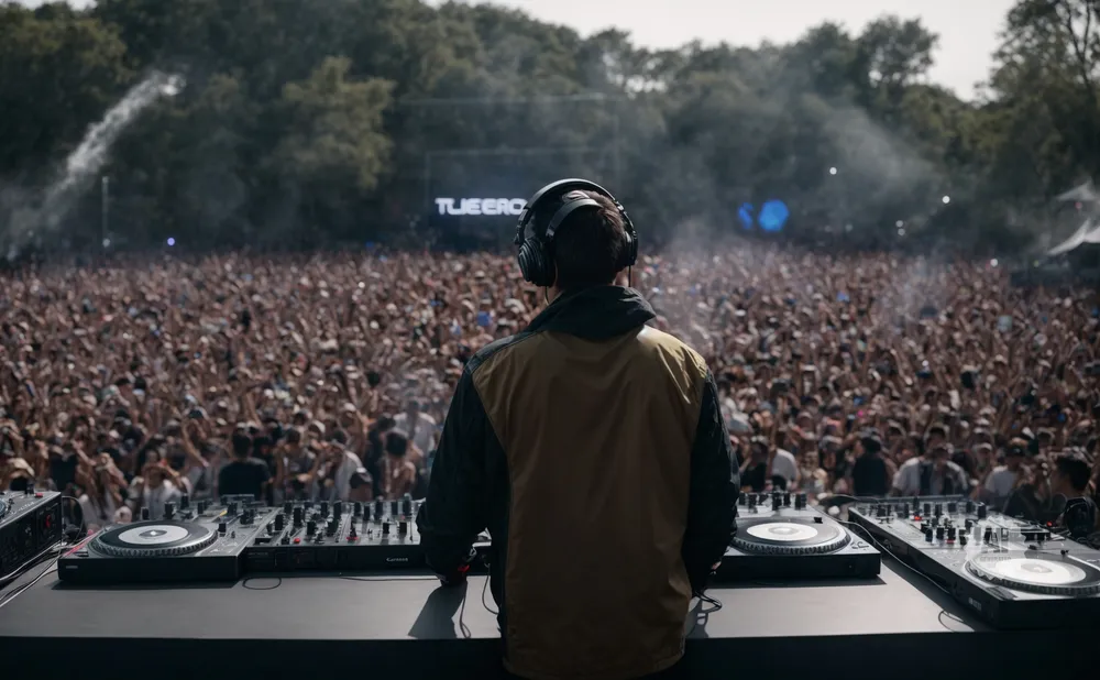 A DJ performs for a large, energetic crowd at an outdoor music festival.