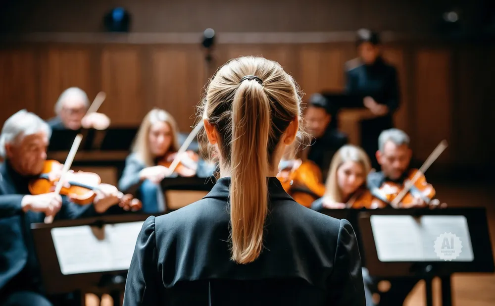 Conductor leads an orchestra, viewed from behind, with musicians playing violins.