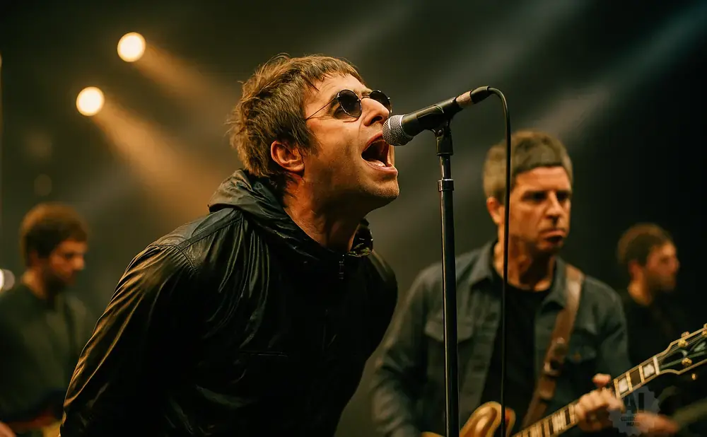 Liam Gallagher sings into a microphone, with Noel Gallagher playing guitar behind him.