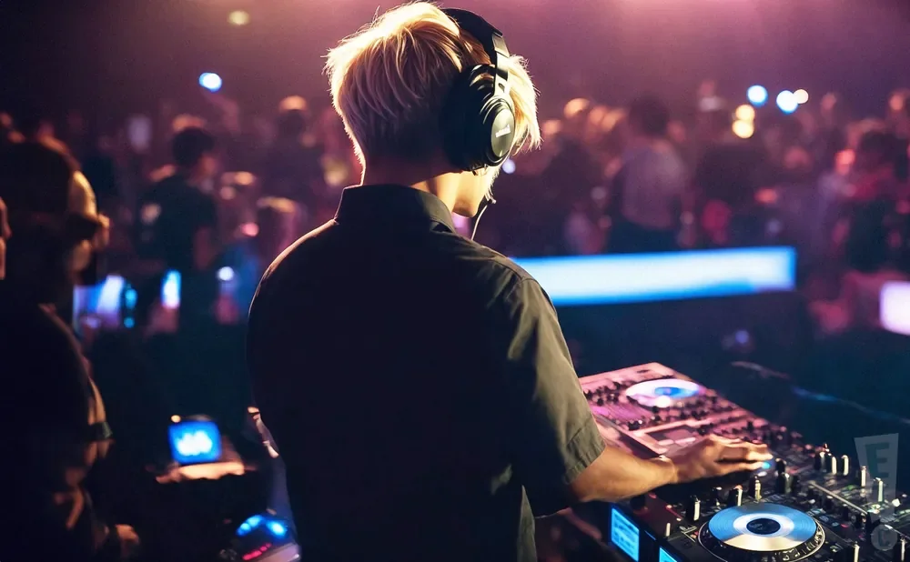 DJ in headphones playing music at a club with a crowd dancing in the background.