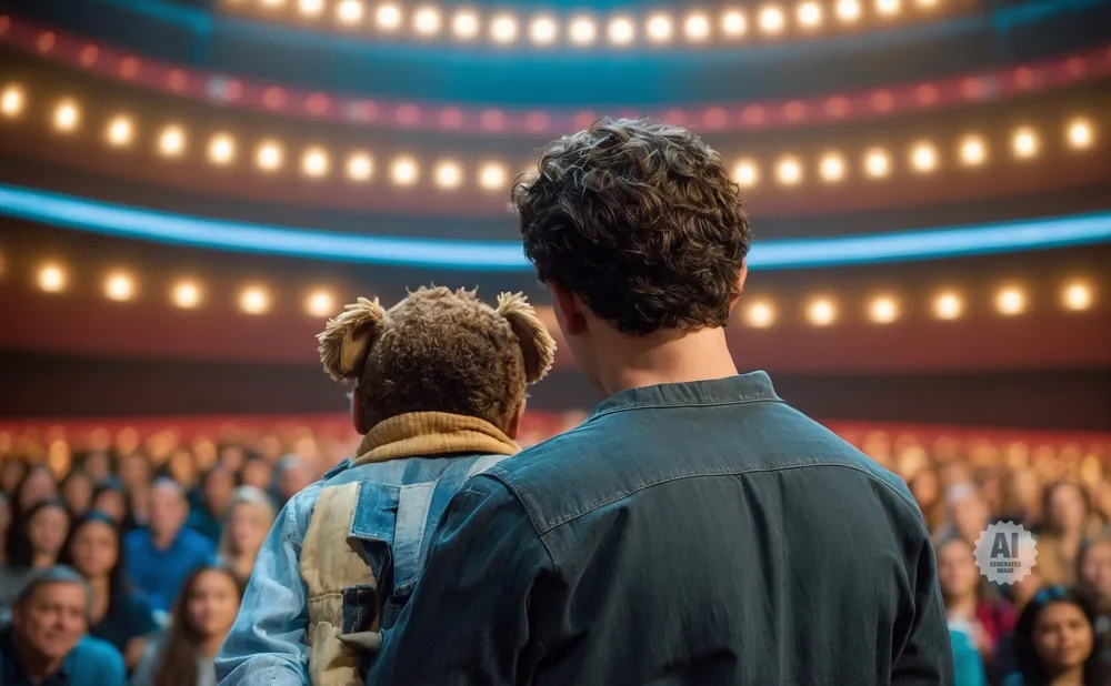 A man and a puppet stand on stage before a cheering audience in a theater.