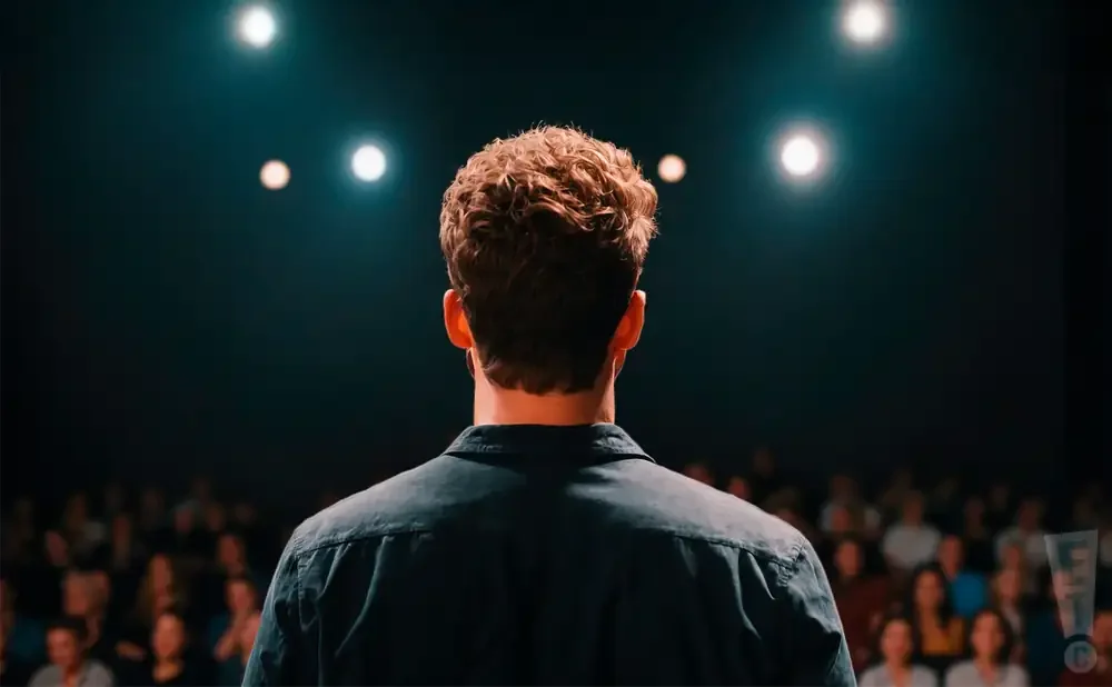 A man with curly hair stands with his back to the camera, facing a dimly lit audience.