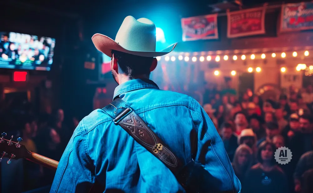 Man in cowboy hat playing guitar on stage in front of a crowd.