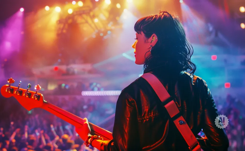 A person plays a red bass guitar on a stage with bright pink and yellow lights, facing a blurred audience.