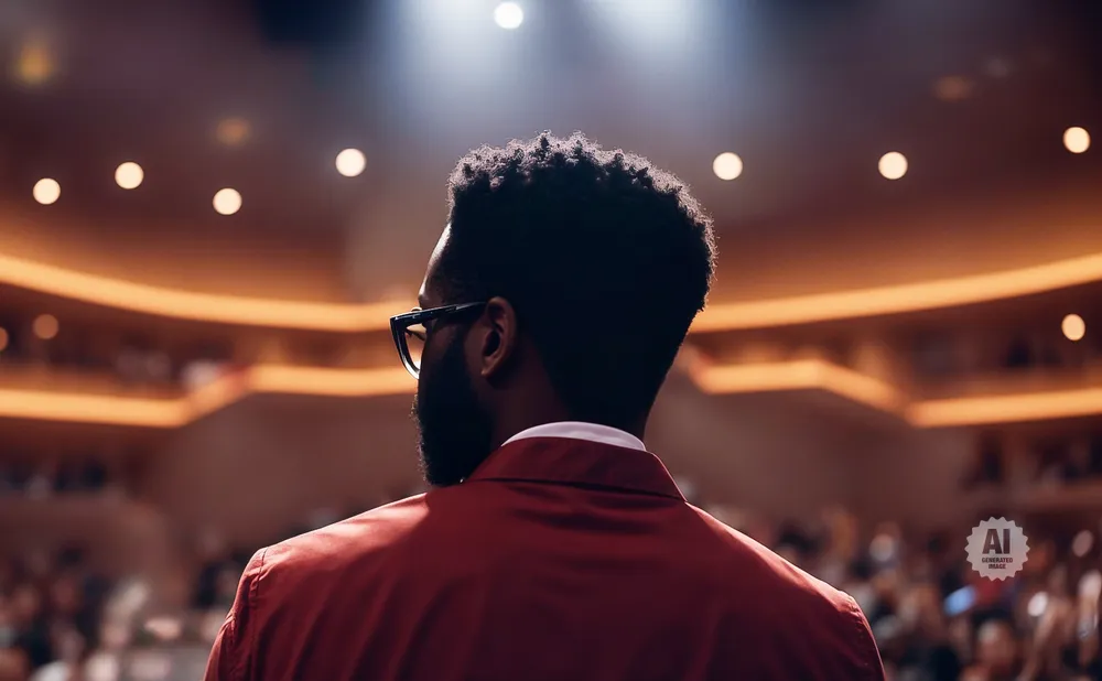 A man in a red jacket and glasses faces away from the camera, looking at an audience in a softly lit auditorium.