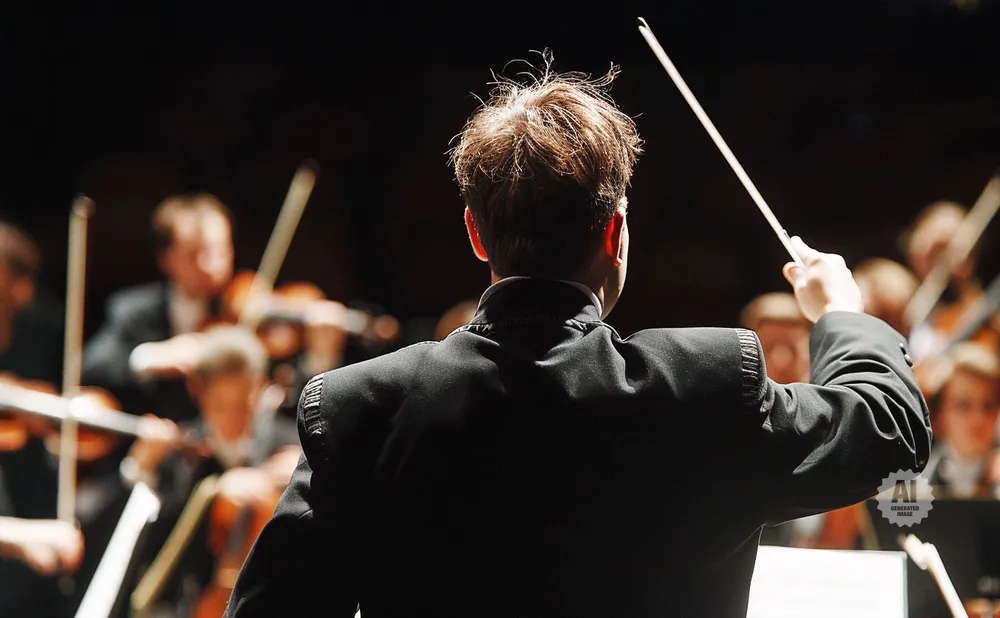 Conductor leading an orchestra, viewed from behind, with baton raised.