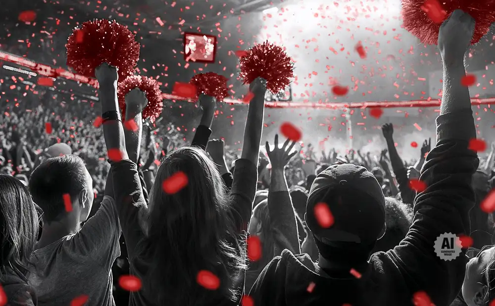 Crowd cheering at a concert with red confetti falling and pom-poms held up.