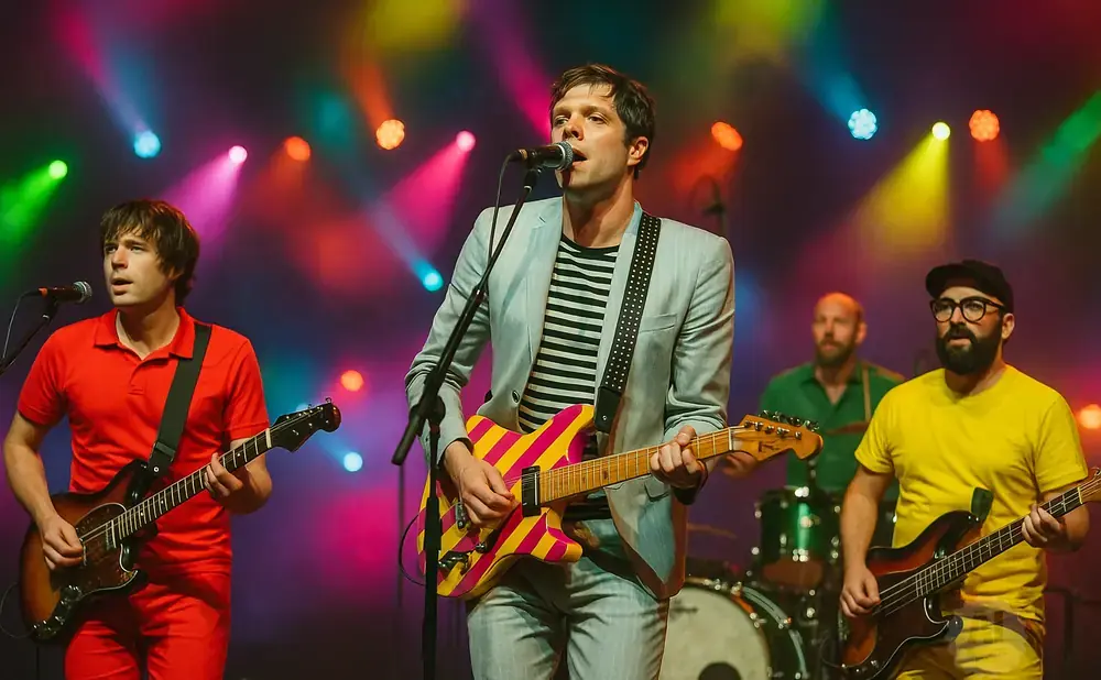 A band performs on a colorful stage with bright lights.