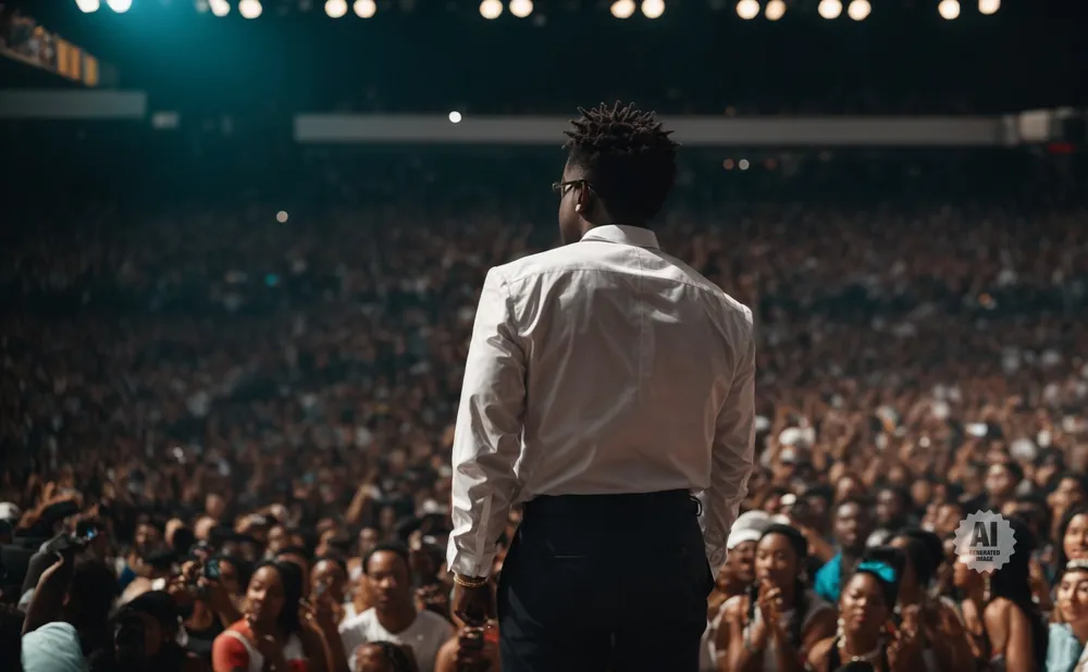 Man in white shirt and dark pants on stage in front of a large cheering crowd.