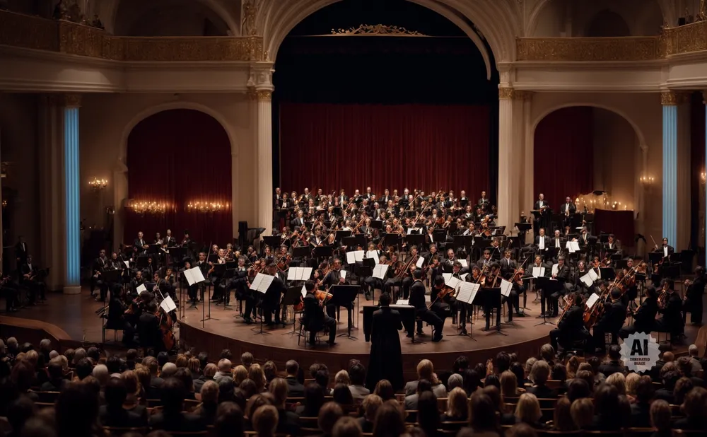 Orchestra performing in a grand concert hall with a red curtain backdrop and audience in the foreground.