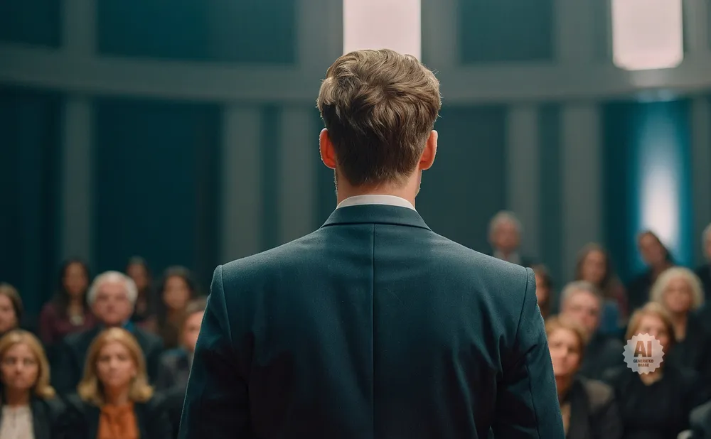 A man in a suit stands with his back to the camera, addressing a seated audience in a dim room.