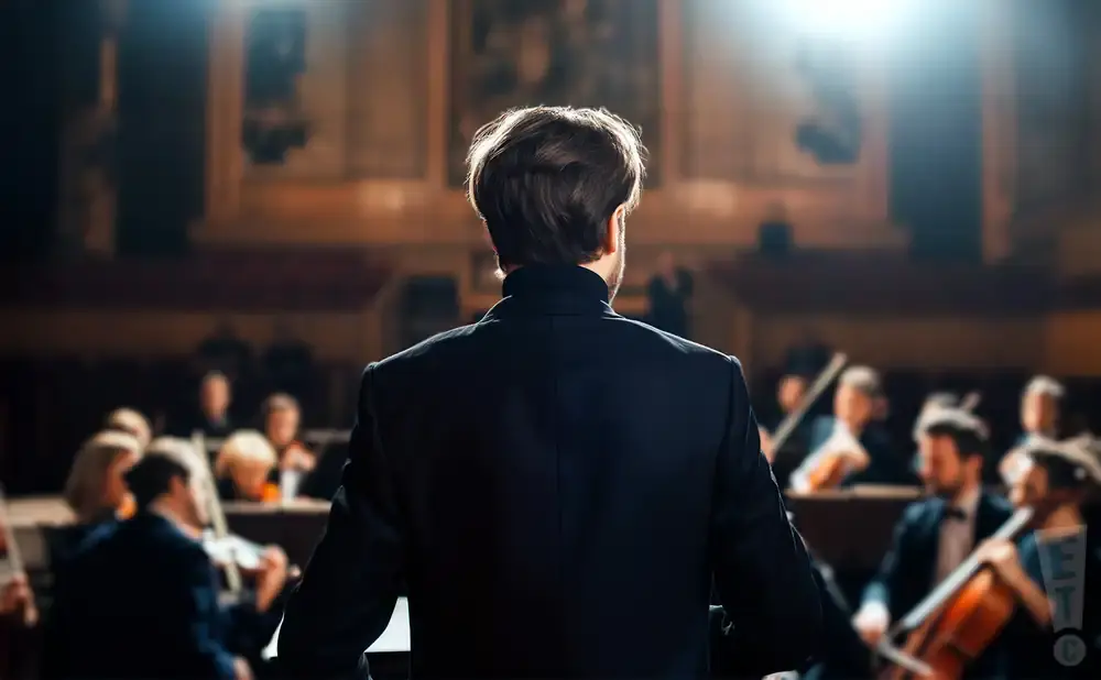 Conductor facing away from camera, leading an orchestra.