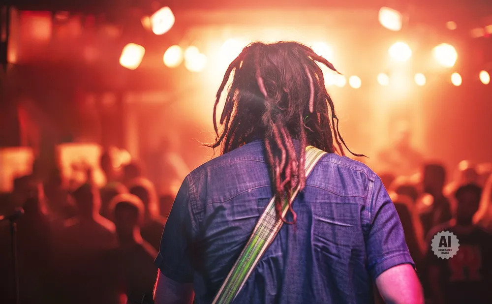 Man with dreadlocks and a denim shirt stands with his back to the camera at a concert.