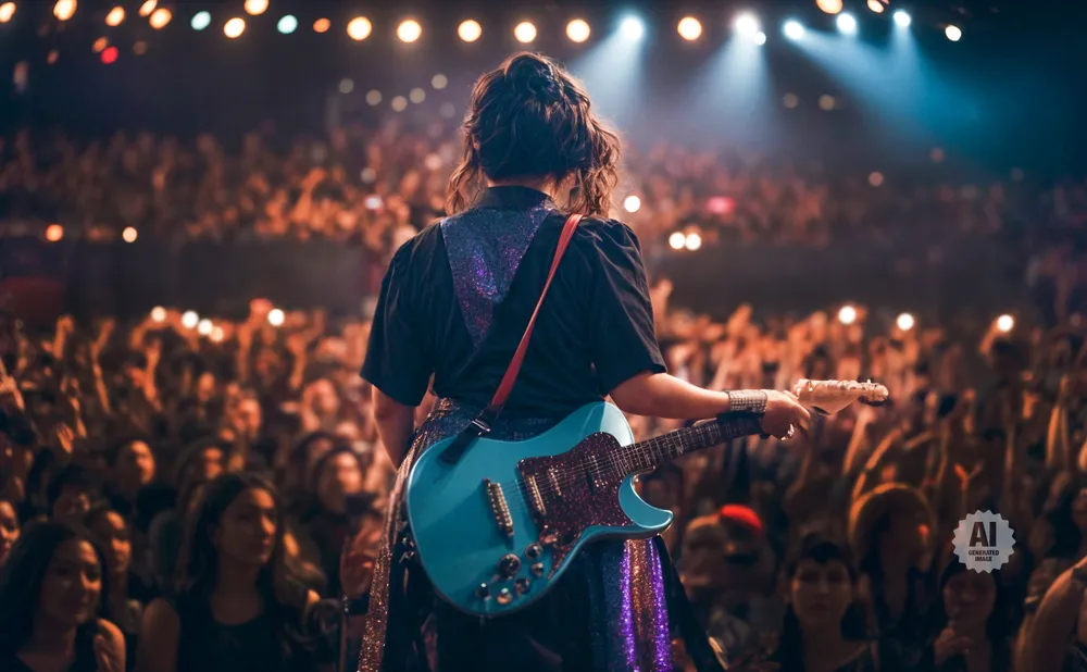 A guitarist performs on stage in front of a cheering crowd.