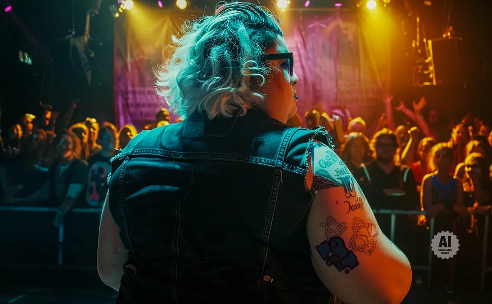A person with blueish hair and tattoos on their arm, wearing a denim vest, faces away from the camera at a concert.