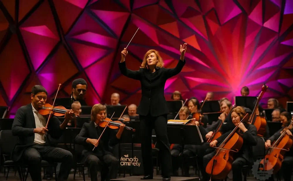 A female conductor leads an orchestra playing string instruments on a stage with a pink, geometric backdrop.