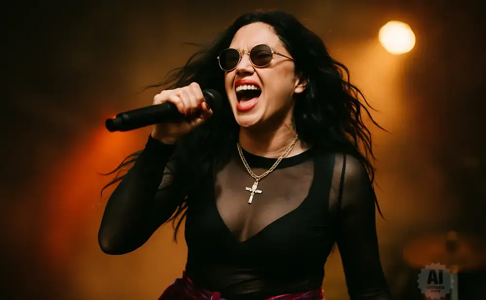 Singer with long dark hair, sunglasses, and a cross necklace, singing into a microphone on stage.