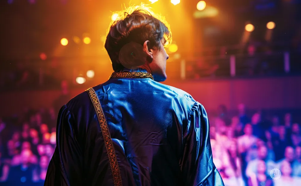 A performer in a blue robe faces a blurred audience under warm stage lights.