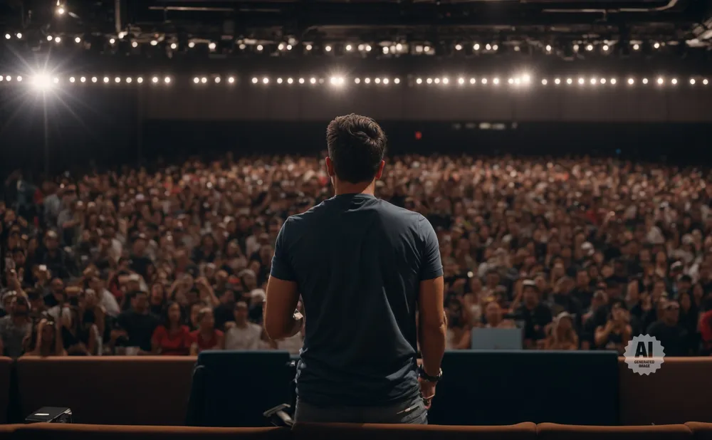 Man in a dark t-shirt on stage, addressing a large, blurred audience in a dimly lit venue.