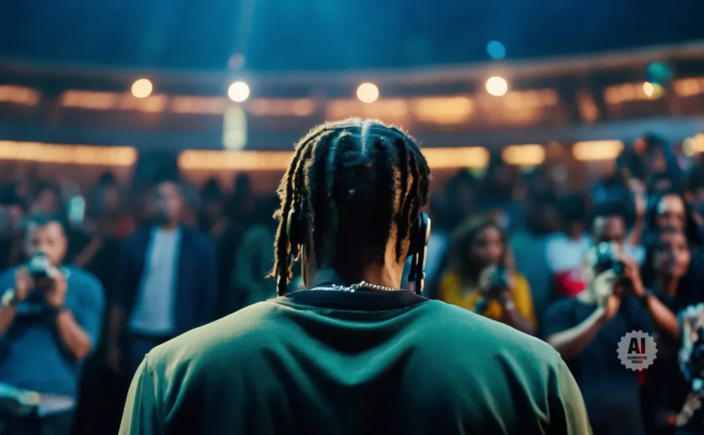 Man with dreadlocks wearing headphones, facing away from camera, on a stage with a blurred crowd.