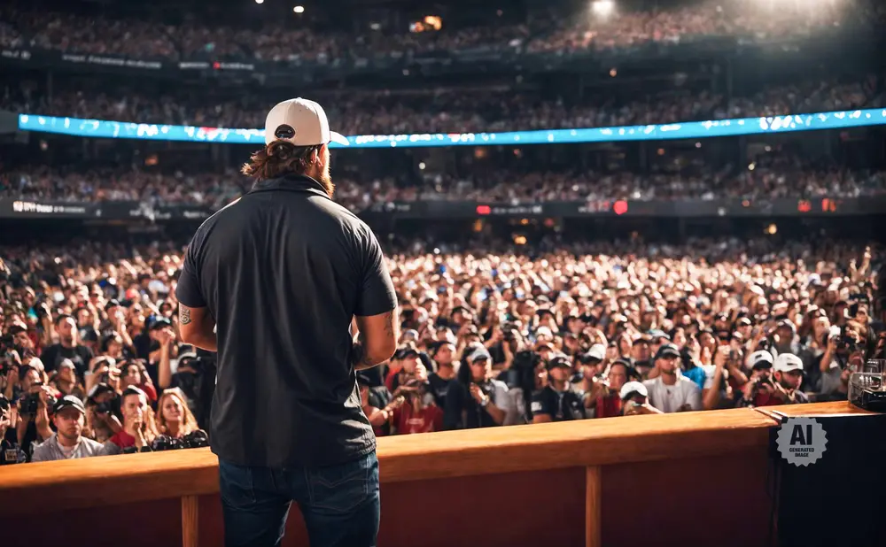 A man in a baseball cap stands facing a large crowd in a stadium.