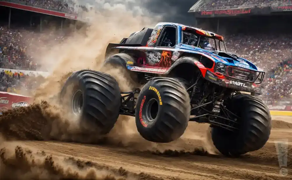 A monster truck with large tires kicks up dust as it jumps over a dirt ramp in a stadium.