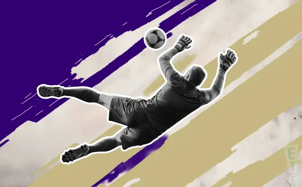 A soccer goalkeeper dives to catch the ball against a colorful abstract background.