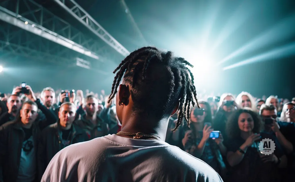 Man with dreadlocks on stage at a concert, facing away from camera, crowd in background.