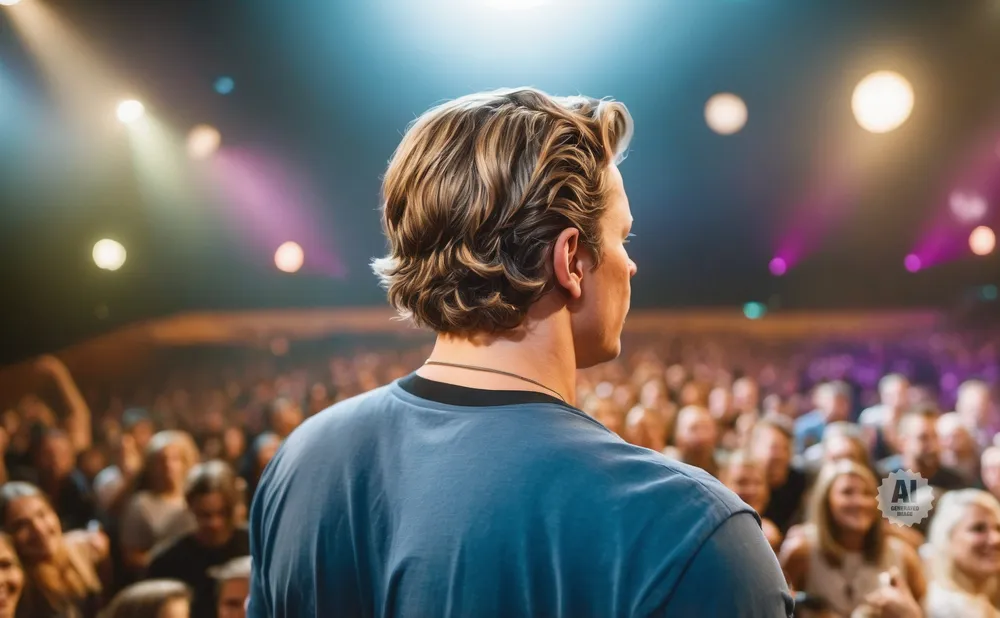 Man with wavy blonde hair in a blue t-shirt on stage facing a cheering audience.