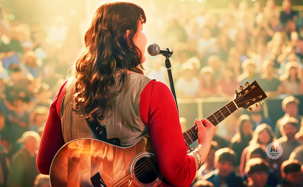 A woman plays an acoustic guitar and sings into a microphone on stage in front of a blurry audience.