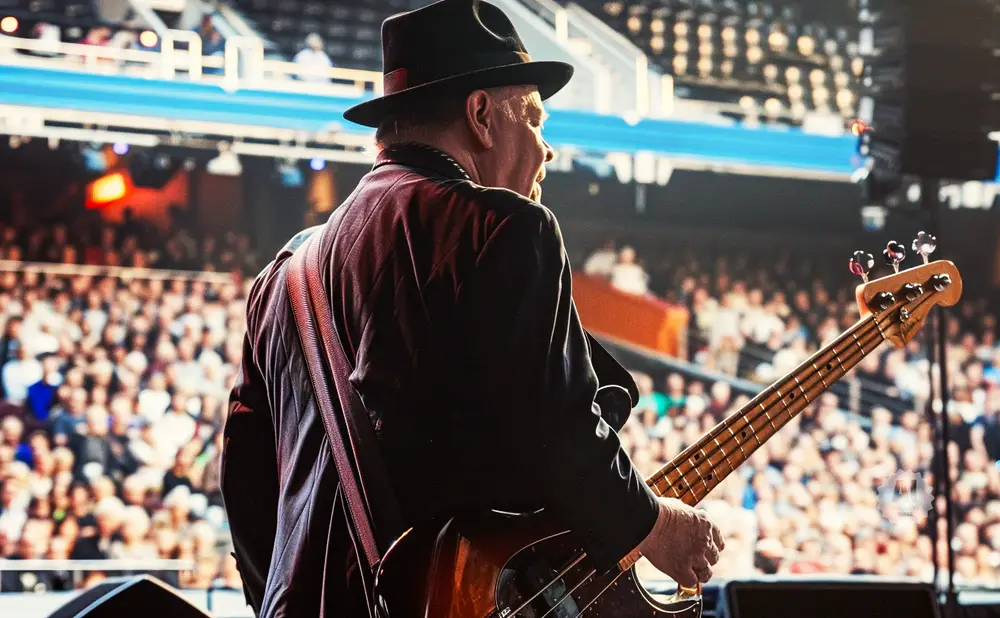 A man in a black hat and suit plays a bass guitar on a stage in front of a large audience.