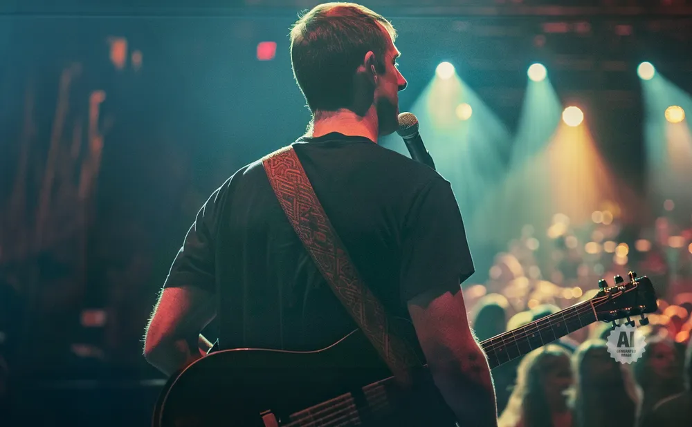 A musician with an acoustic guitar and microphone performs on stage under stage lights.