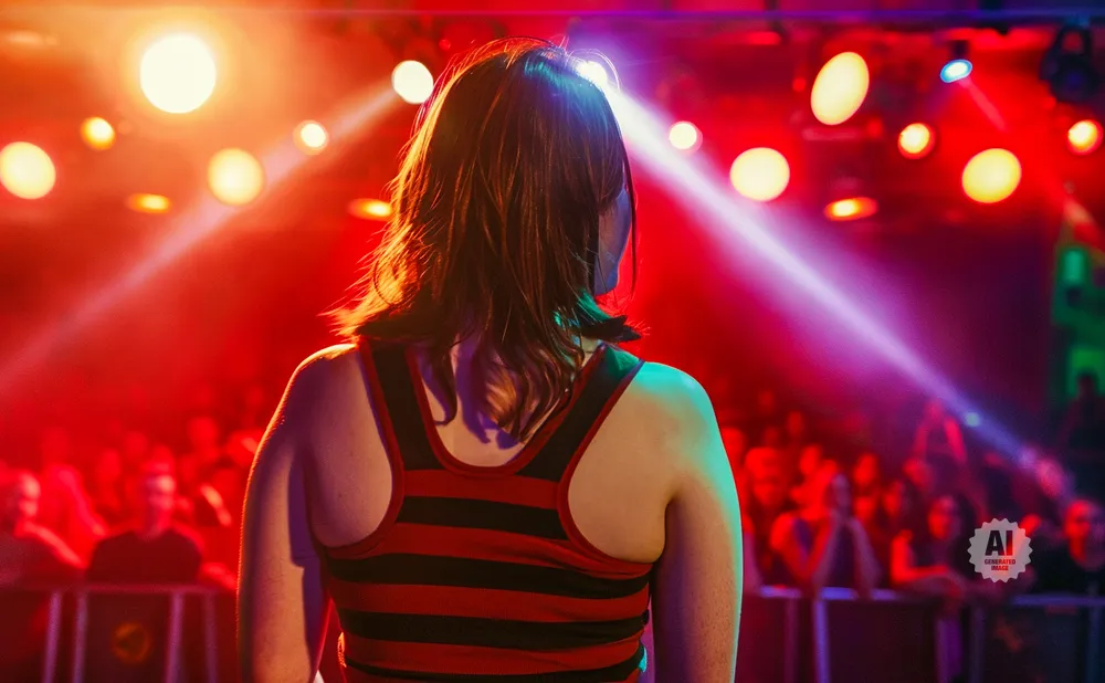Woman in a red and black striped tank top on a stage with bright red and purple lights.