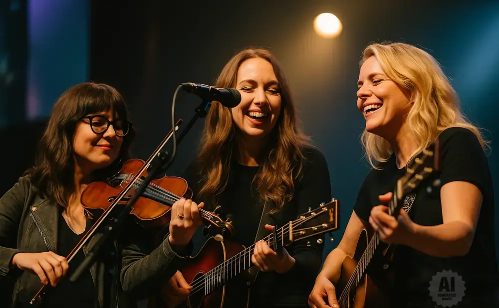 Three women performing music: one plays violin, two play guitar, all smiling.