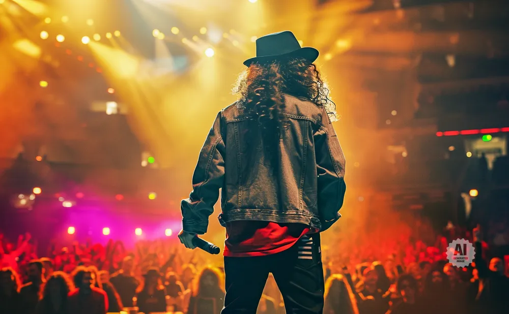 A performer with a black hat and curly hair, wearing a denim jacket and holding a microphone, stands on stage with a cheering crowd below.