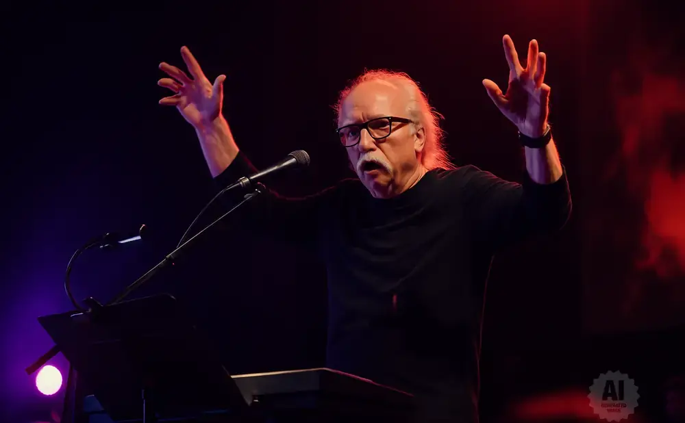 Man with glasses and mustache on stage, singing into a microphone with hands raised.