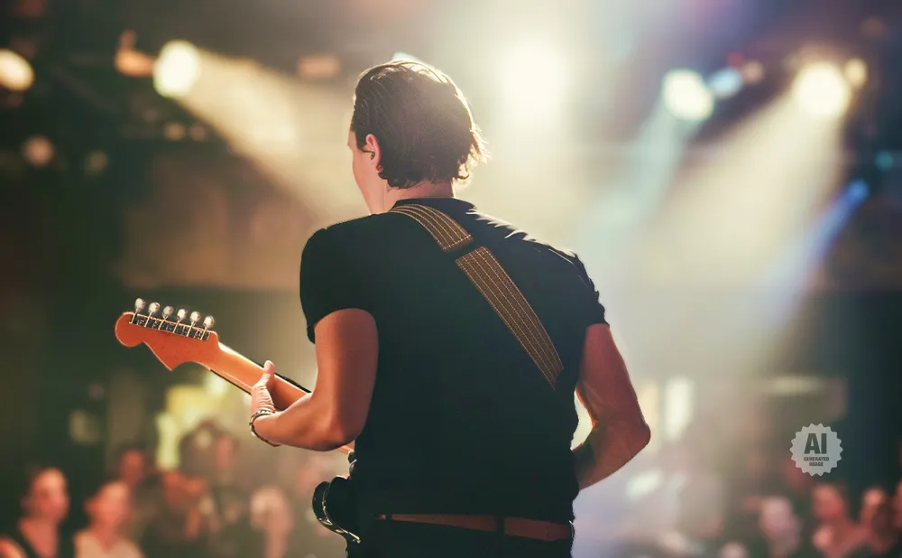 Guitarist from behind on a stage, playing for a blurred audience under bright lights.