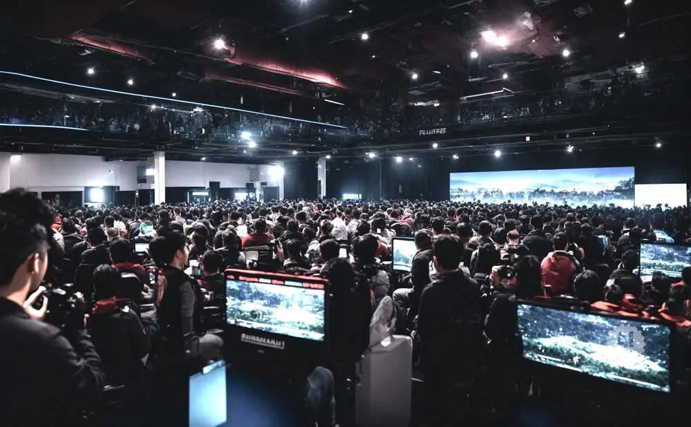A large crowd watches a screen at an esports event, with gamers at computers in the foreground.
